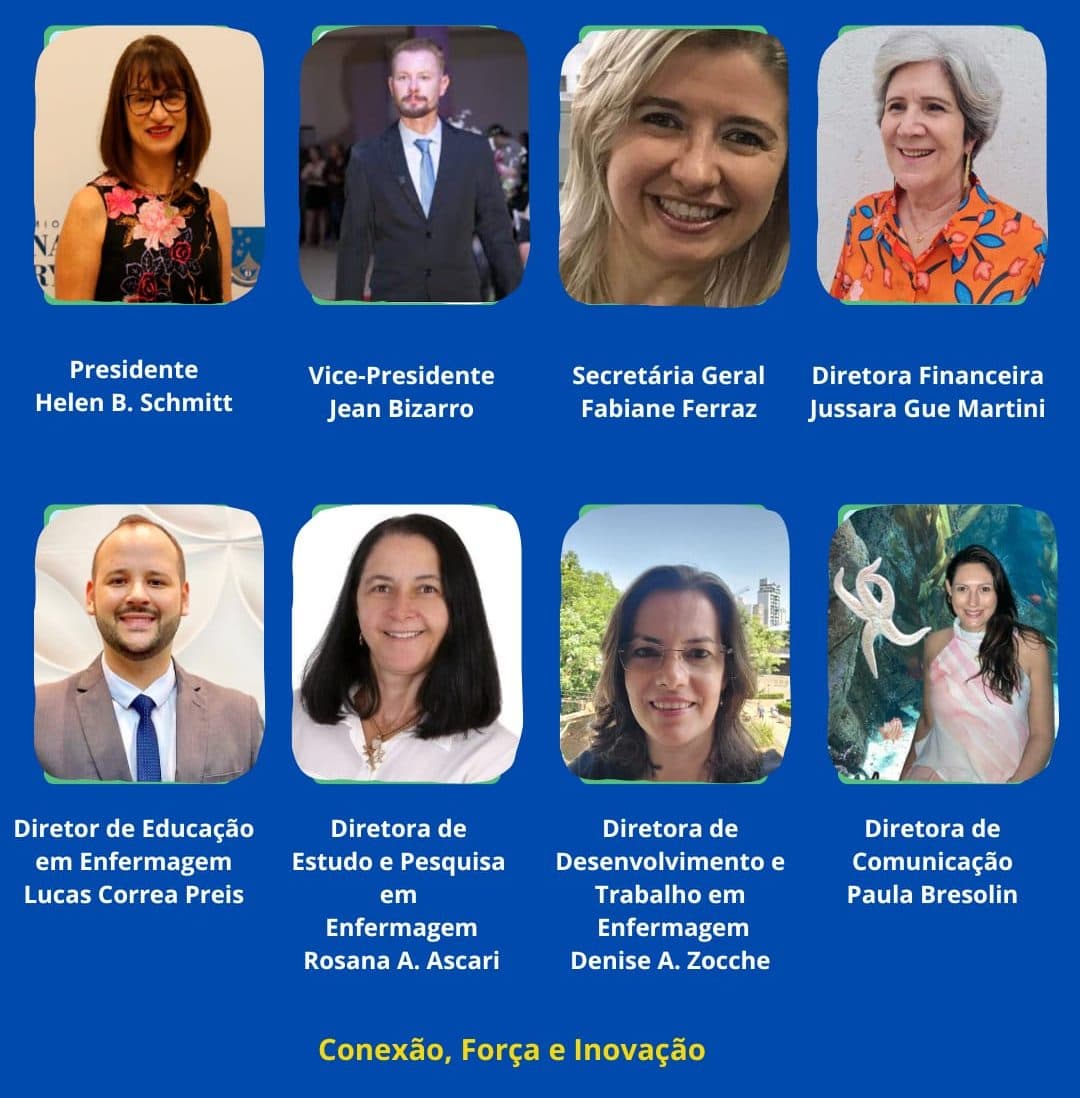 Mosaico com os retratos dos oito membros da Diretoria da ABEn-SC, gestão 2025-2028